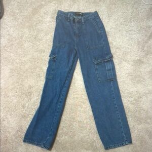 High-Rise Cargo Denim Jeans - Blue